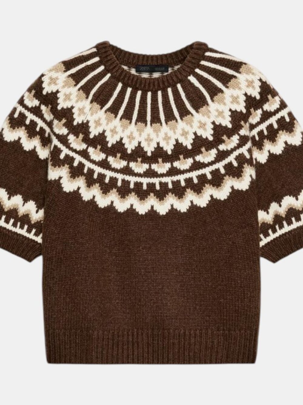 ZARA SHORT SLEEVE JACQUARD KNIT JUMPER BROWN ECRU FAIR ISLE SWEATER NWT SIZE M - Picture 3 of 6